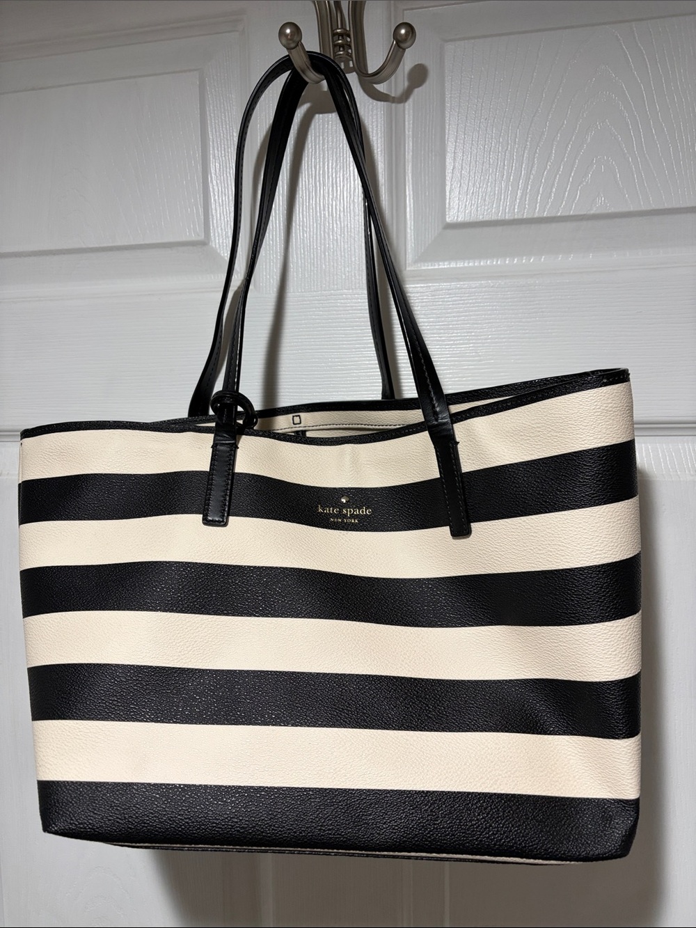 kate spade Black and Cream Striped Leather Tote